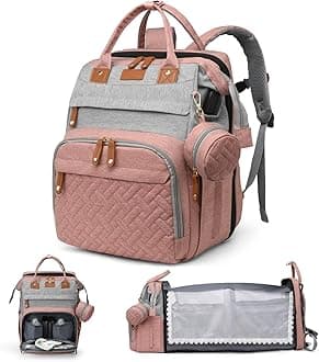 Diaper Bag Backpack, Multifunction Travel Baby Bag, Waterproof Tote Backpack with USB Port, Pacifier Case and Stroller Straps, Newborn Essentials for Moms Dads, Girls, Gray Pink
