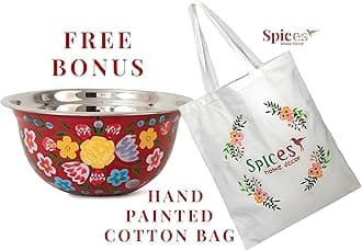 Large Hand Painted Stainless Steel Fruit Bowl - Decorative Floral for Salad Mixing and Serving - Traditional Kashmiri Art for Home Decor (Red)