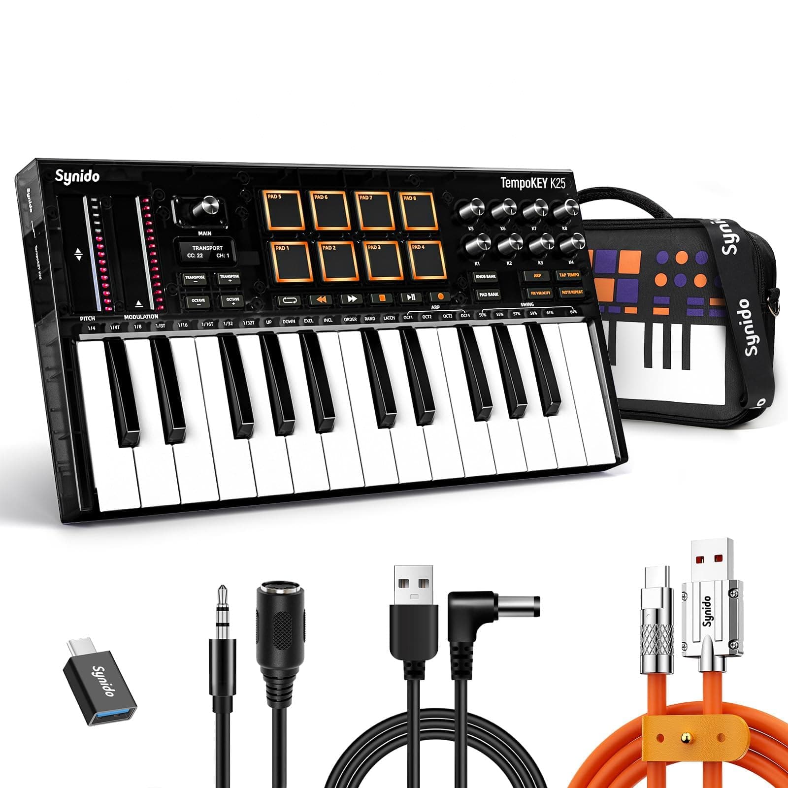 Synido 25 Key USB MIDI Keyboard Controller with 8 Drum Pads, Professional Mini Midi Keyboard with OLED Screen, Beat Maker Machine for Music Production, Black, TempoKey K25
