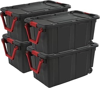 Sterilite 40 Gal Wheeled Industrial Tote, Stackable Storage Bin with Latch Lid, Plastic Container with Heavy Duty Latches, Black Base and Lid, 4-Pack