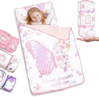 - Thickened Toddler Nap Mat with Removable Pillow and Minky Blanket, Extra Large 55''x35'' Sleeping Bag, Washable, Roll up, Perfect for Daycare, Preschool, Kindergarten, Girls Butterfly