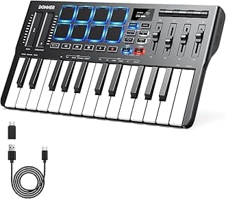 DMK25 Pro MIDI Keyboard Controller, 25 Mini Key Portable USB-C MIDI Keyboard with 8 Drum Pads, OLED Display, Personalized Touch Bar, Music Production Software and 40 Free Courses White