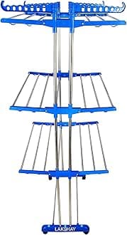LAKSHAY Cloth Dryer Stand (3 Tier Stand) Stainless Steel Foldable Cloth Dryer Stand Double Rack Cloth Stands for Drying Clothes Steel -131-3 Layer Cloth Stand - Double Pipe Support Stand