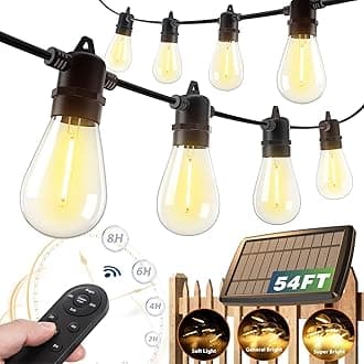 54FT Solar String Lights Outdoor Waterproof with USB Charging & Remote Control - Dimmable Solar Power Patio Lights with 26 LED Bulbs for Porch, Garden, Yard, Market, Bistro - Lasts 20+ Hrs