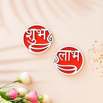 eCraftIndia White & Red Round Shaped Wooden Shubh Labh with Diya Decorative Showpieces for Diwali, Navratri, Ganesh Chaturthi, Festival - Diwali Decoration Items for Home Decor