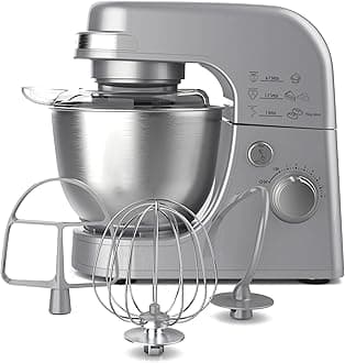 Hamilton Beach Electric Stand Mixer, 4 Quarts, Dough Hook, Flat Beater Attachments, Splash Guard 7 Speeds with Whisk, Silver