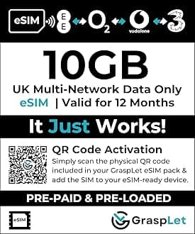 UK Multi-Network Data-Only eSIM | 12-Month Validity | Auto-Connects to Strongest Network: EE, Three, O2, or Vodafone | Compatible with eSIM Devices (10 GB - 12 Months)