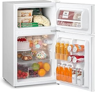 RCT87WH2(E) Under Counter Fridge Freezer, 87L Small Fridge Freezer with Light, Removable Shelves, Adjustable Thermostats, Reversible Doors, White