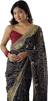 Women's Georgette Bandhani Printed and Embroidery Lace Saree With Unstitched Blouse Piece