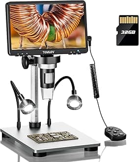 DM9 7" LCD Digital Microscope 1300X, 12MP Coin Magnification, 1080P HD Video Soldering USB Scope for Adult, with LED Light, Adjustable Metal Stand, PC/Windows/Mac Compatible, 32GB Card