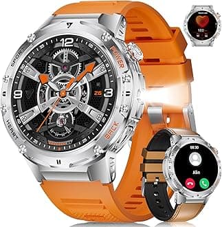 Military Smart Watches for Men(Answer/Make Calls) with LED Flashlight,530mAh Large Battery,1.43’’ AMOLED,5ATM Waterproof Smartwatch for Android iOS,130+Sport Modes Heart Rate/Sleep Monitor Leather