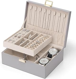 Vlando 2 Layer Jewelry Box Large Jewelry Organizer for Women Removable Jewelery Tray with Watch Pillow for Necklace Earrings Rings Bracelets Gifts for Couples Mom Friends, Bridesmaid (Grey)