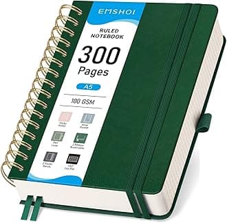 EMSHOIA5 Leather Hardcover Spiral Notebook College Ruled, 300 Numbered Pages, 100GSM, Lined Journal for Women Men, Work, Writing, Note-Taking, Journaling – Dark Green, 5.7”x8.22”