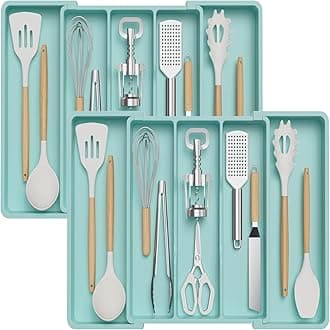 Lifewit Utensil Drawer Organiser, Expandable Large Cutlery Tray for Kitchen, Adjustable Silverware Flatware Holder, Plastic Kitchen Spatula Tools and Gadgets Storage Divider, 2 Pack, Turquoise