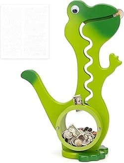 - Wooden Dinosaur Piggy Bank for Boys Kids Girls Big Clear Animal Belly Coin Bank Toddler Real Money Toy（Dino-Green）