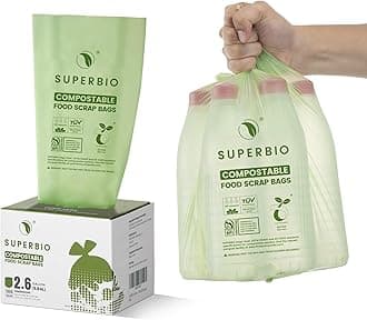 SUPERBIO 2.6 Gallon Compostable Food Waste Bags, 100 Count, 1 Pack, Flat Top Food Scrap Bags， ASTM D6400，Certified by BPI and OK compost INDUSTRIAL,9.84L