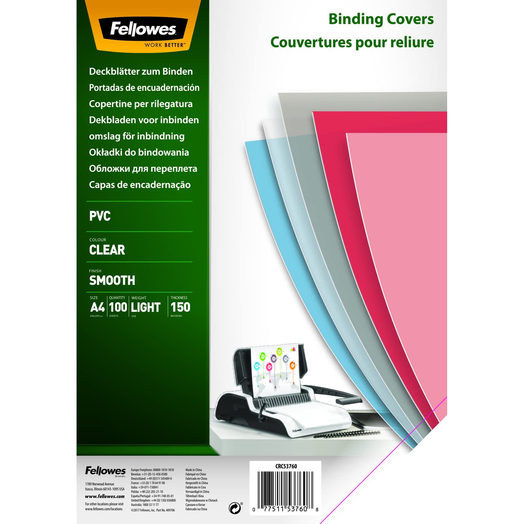Fellowes A4 Binding Cover - 150 Microns PVC Binding Covers - Pack of 100 Binding Covers - Transparent
