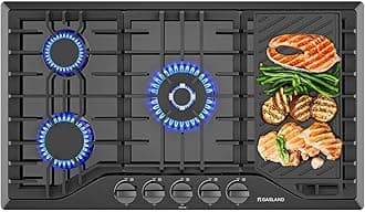 GASLAND 36 Inch Gas Cooktop with Griddle, Chef PRO GH3365EF 5 Burner Gas Stovetop with Reversible Cast Iron Grill/Griddle, Gas Countertop Plug-in, NG/LPG Convertible Gas Cooktops, Black