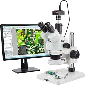 SM-1TS-144S-M Digital Professional Trinocular Stereo Zoom Microscope, WH10x Eyepieces, 7X-45X Magnification, 0.7X-4.5X Zoom Objective, 144-Bulb LED Ring Light, Pillar Stand, 110V-240V, Includes 1.3MP Camera with Reduction Lens and Software