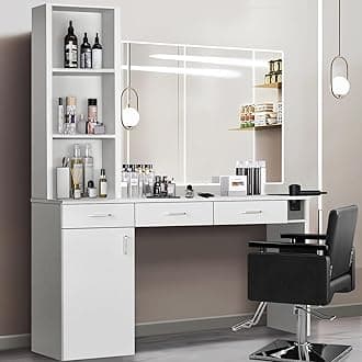 4ever2buy Hair Salon Station for Hair Stylist, Salon Wall Station with Barber Cabinet, Barber Stations Equipment Hair Dryer Holder, Drawers (White)