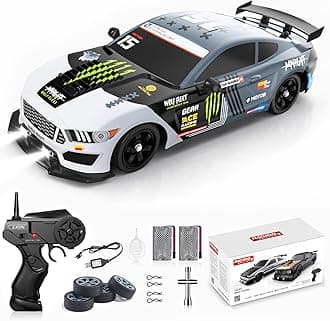 Remote Control Car RC Drift Car 1:16 Scale 4WD 18KM/H High Speed Model Vehicle 2.4GHz with LED Lights Spray Rubber Tire Racing Sport Toy for Adults Boys Girls Kids Gift 2Pcs Rechargeable Batteries