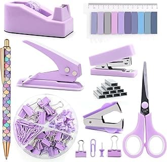 Mini Purple Office Supplies,UPIHO Purple Desk Accessories,Stapler and Tape Dispenser Set,School Supplies with Mini Stapler,Tape Dispenser,Hole Punch,Staple Remover,Staples,Clips,Scissor,Pen and Tabs