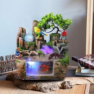 11.81Desk Decorations Waterfall Fountain Tabletop Artificial Bonsai w/LED Lights & Atomizer, Small Fish Tank Bird Fountain Rockery Humidifier,Water Falls for Inside Rock Plant for Office Home Decor