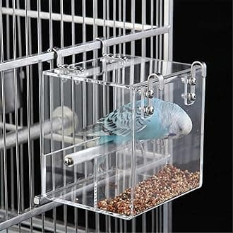 Automatic Bird Feeder No Mess Bird Cage Pet Feeder Seed Food Container for Parakeet Canary Cockatiel Parrot Finch Canary Acrylic (8.3 x 8.3 x 8.3 inch)