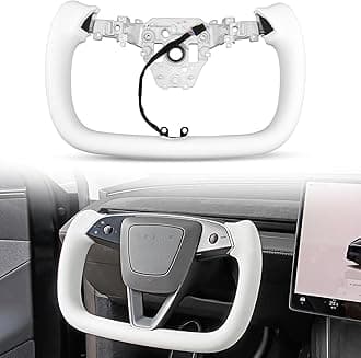 Model Y Juniper Yoke Steering Wheel 2026 2025, Nappa Leather Steering Wheel for Tesla Model Y Juniper 2026 Accessories With Heating Function No Front Trim (White Nappa, Matte Carbon Fiber)