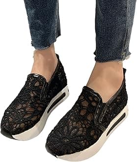 Hbeylia Platform Wedge Fashion Sneakers for Women Casual Embroidery Floral Mesh Air Lace Chunky Bottom Hidden High Heels Slip On Loafers Walking Work Shoes Arch Support Low Top Play Sneakers