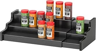 Spice Rack Organizer For Cabinet - 3 Tier Black Bamboo Wooden Expandable Display Shelf from 12.70 to 22.20 inch