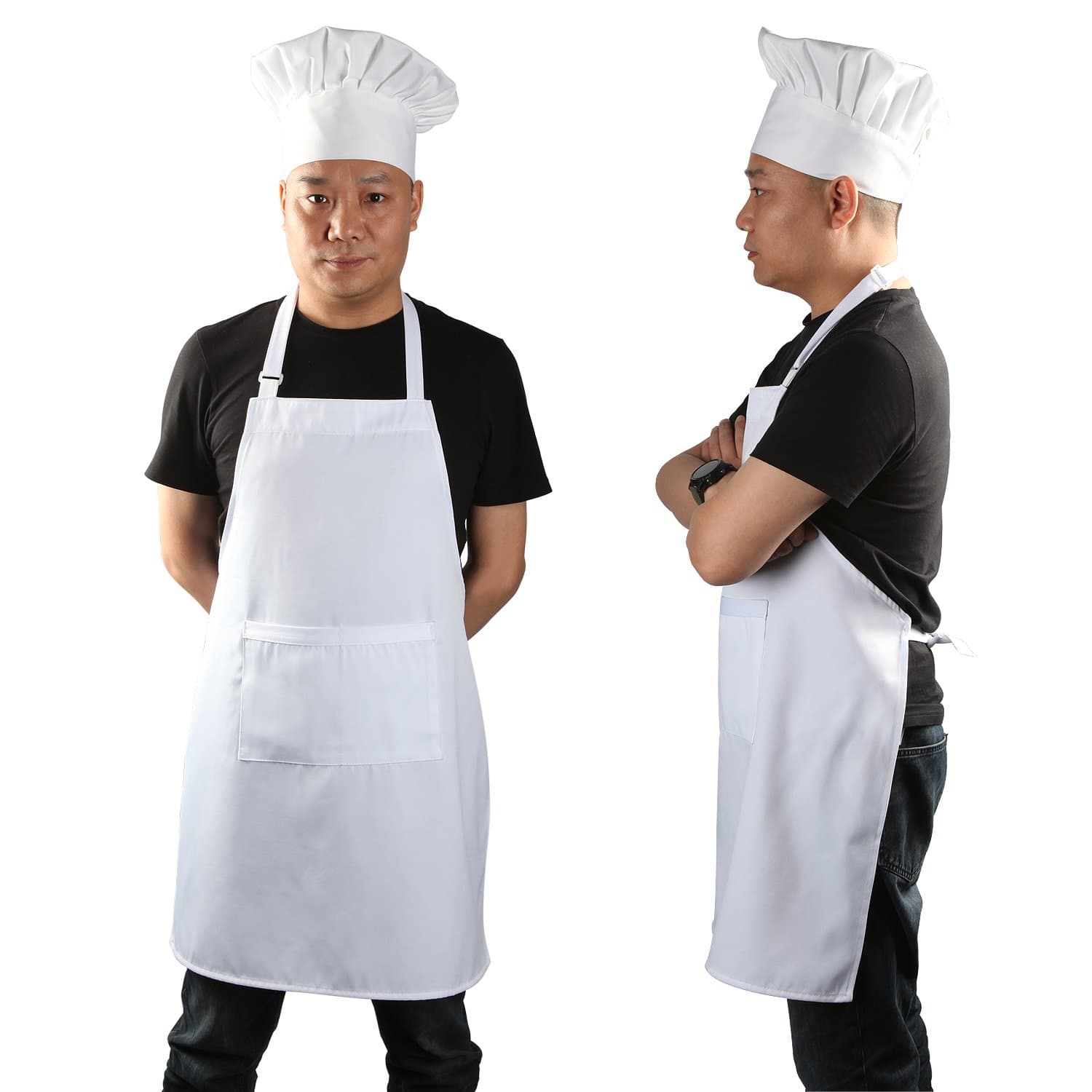 yotache Chef Apron and Hat Set, Chef Hat and Kitchen Apron Adult Adjustable White Baker Costume for Men and Women, 1 Set (33" L x 26" W)