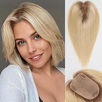 starluck Human Hair Toppers for Women Real Human Hair No Bangs 4 * 5.5 inch Base 12 inch SilkHug Topper for Women with Thinning Hair Cover Grey Roots(Ombre Light Blonde)