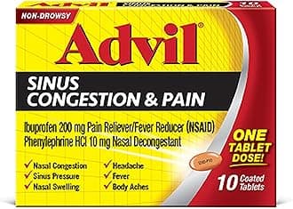 Advil Sinus Congestion and Pain, Sinus Relief Medicine, Pain Reliever and Fever Reducer with Ibuprofen and Phenylephrine HCl - 10 Coated Tablets
