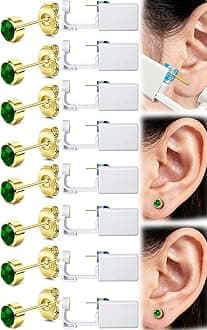 Get the Perfect Ear Piercing with 24 Pcs Premium Ear Piercing Kit - Includes 8 Green CZ Stones Earrings and 8 Easy-to-Use Self Ear Piercing Gun - Safe and Painless