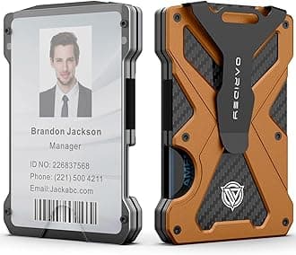 Minimalist Wallet for Men- Slim Aluminum Metal Money Clip Wallet with Clear ID Card Holder, Carbon Fiber Wallet, RFID Blocking, Holds up 15 Cards with Cash Clip, Ultra-Thin Tactical Wallet, Orange,