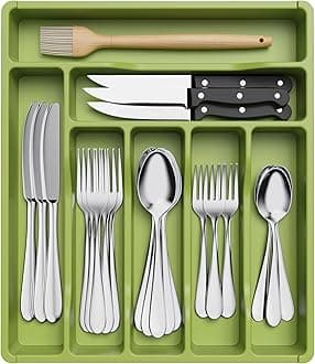 Lifewit Cutlery Drawer Organiser, Plastic Cutlery Tray for Kitchen Drawer, Utensil Flatware Silverware Holder Divider for Spoons Forks Knives Tableware, 7 Compartment, GreenRecycled Claim Standard 100