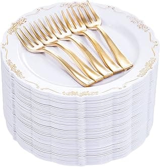 LIYH 200 Pcs Gold Dessert Plates,100 Pcs Appetizer Plates 7.5" and 100 Pcs Gold Plastic Forks 5", Cake Plates, Disposable Salad Plate Wedding Cake Plate Forks for Parties, Birthdays, Wedding