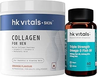 Marine Collagen for Men Supplement (Orange, 200g) with Triple Strength Omega-3 Fish Oil Supplement (60 Capsules) | Vitamin C, E, Sodium Hyaluronate | For Youthful & Glowing Skin