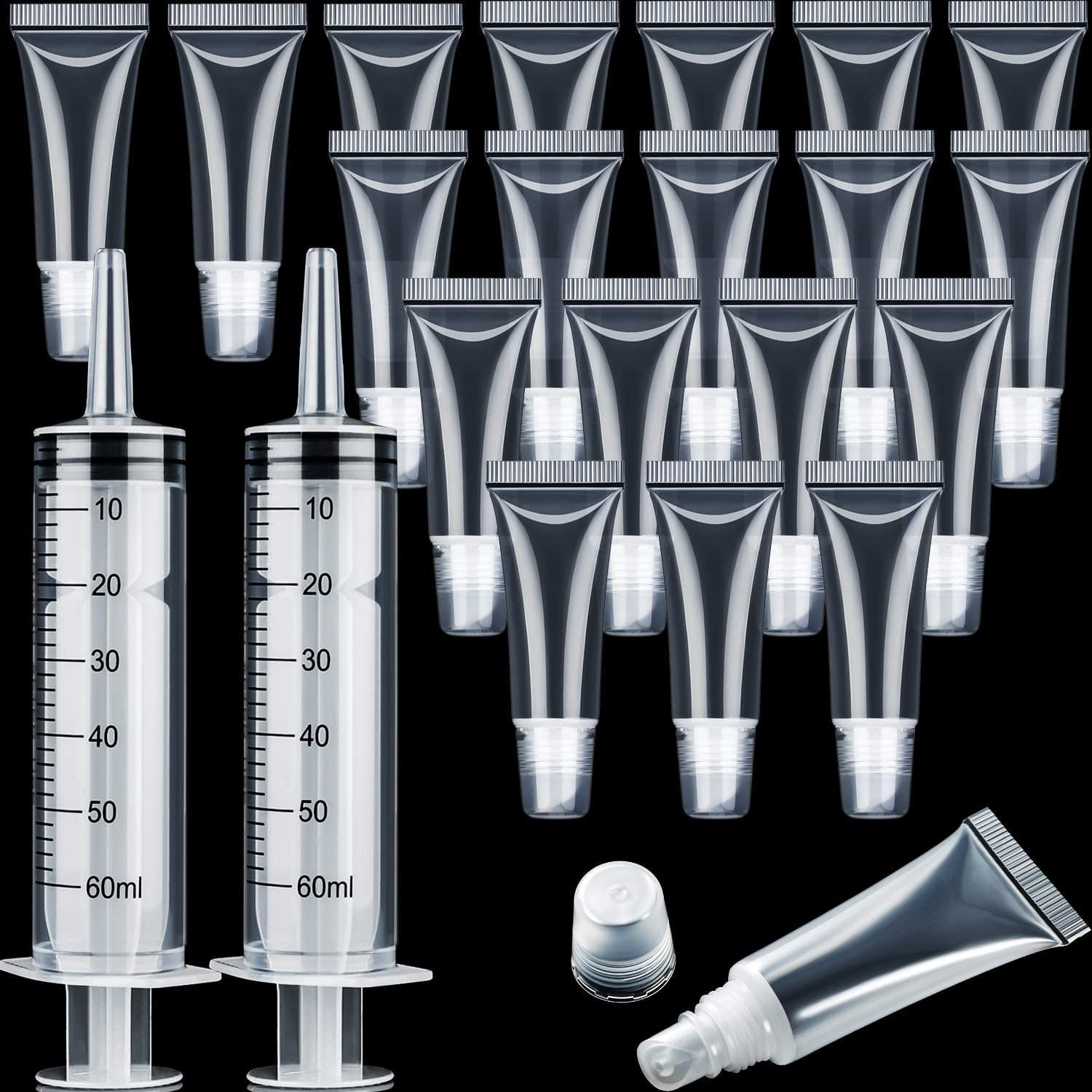 20 Packs Lip Gloss Tubes 10ml Clear Refill Empty Tubes and 2 Packs 60ml Plastic Syringe Dispensing for DIY Lip Gloss Balm Cosmetic