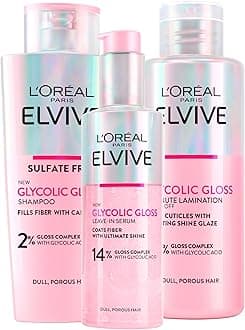 L'Oréal Paris Elvive Glycolic Gloss Glycolic Acid Shampoo 200ml + Hair Leave-In Serum 150ml + 5-Minute Lamination Treatment 200ml Set Dull Porous Hair Intense and Long-Lasting Shine - 3 Bottles