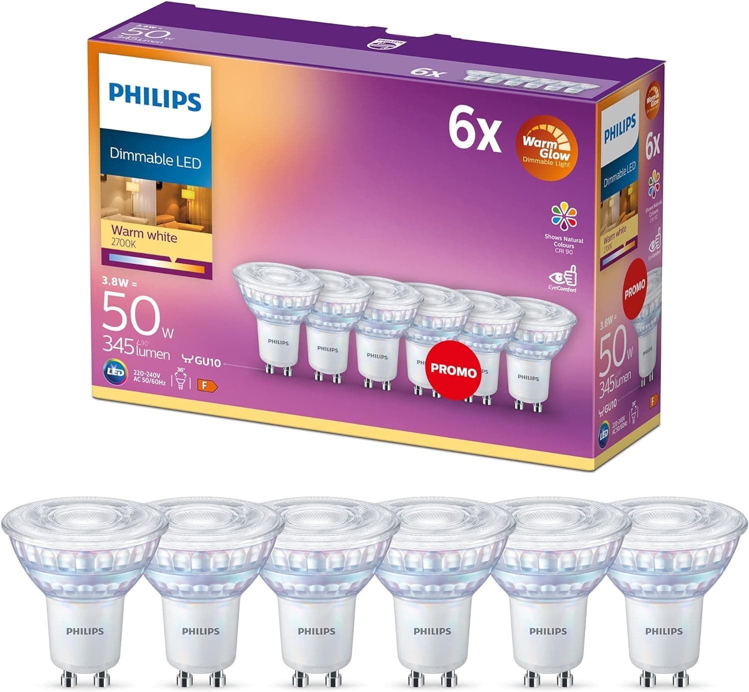 WarmGlow 6 Pack Dimmable [GU10 Spot] LED Light Bulbs, 3.8 W - 50W Equivalent, 2700-2200K. for Relaxed Home Lighting