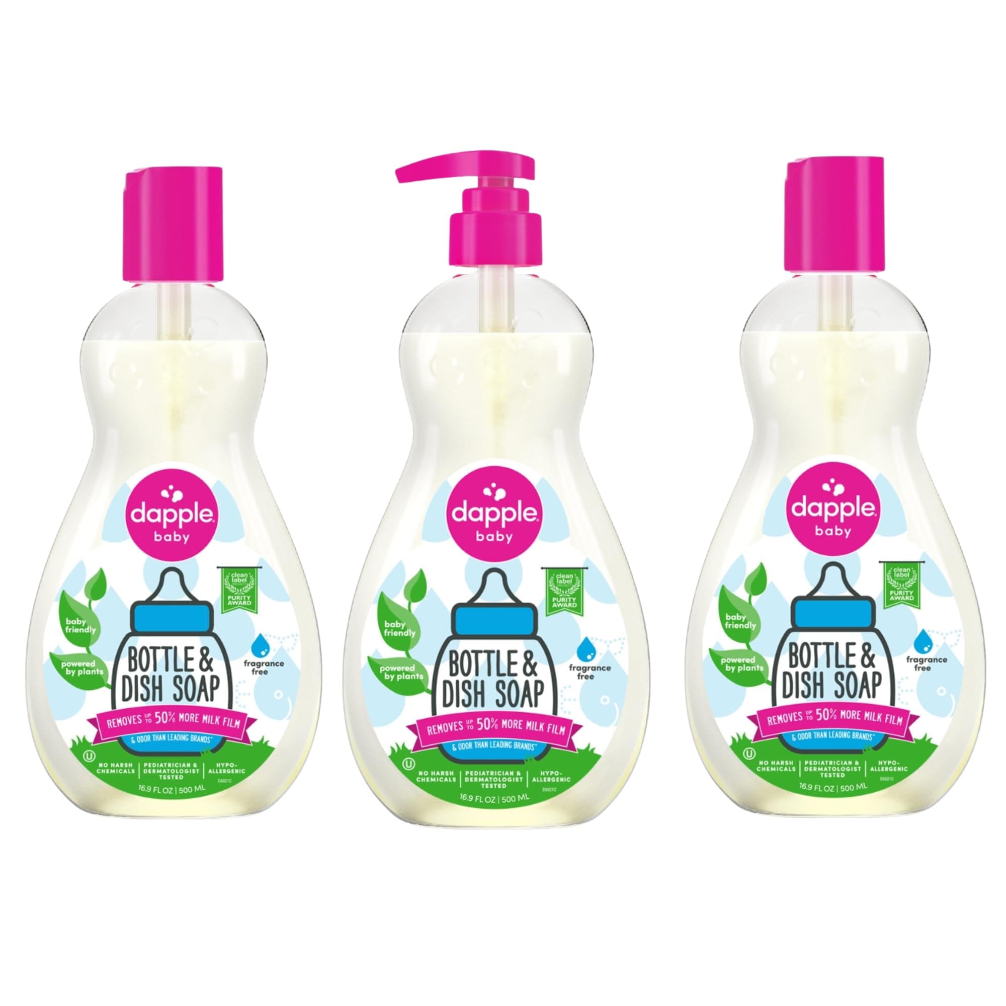 Dapple Baby Bottle Soap, Hypoallergenic Dish Soap for Baby Bottles, Powered by Plants, 1 Pump Included, Packaging May Vary, Fragrance Free, 16.9 Fl Oz (Pack of 3)