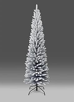 6Ft/1.8m Slim Christmas Tree Artificial Snow Flocked Frosted Pencil Tree 430 Pointed Tips, Metal Stand, Holiday Home Decorations