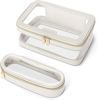 Soimeat Travel Clear Makeup Bag with Makeup Brush Bag, Leather Makeup Case Toiletry Bag, Portable Cosmetic Bag Case, Transparent Waterproof Cosmetic Organizer Storage Bag for Women, Off-White, M, 1