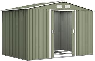 Outsunny 9 x 6ft Metal Garden Shed, Waterproof Outdoor Bike Storage Shed Galvanised with Vents, Foundation Kit, Apex Roof and Lockable Double Doors for Patio Lawn, Light Green