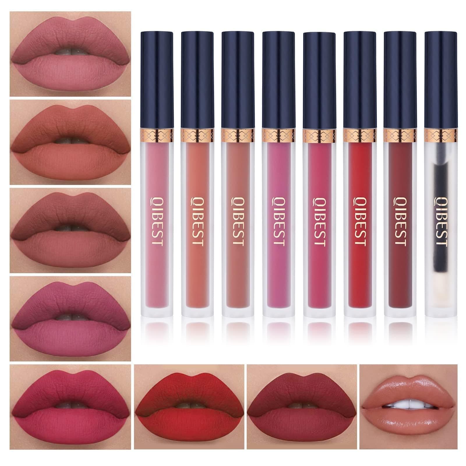 7Pcs Matte Liquid Lipstick + 1Pcs Lip Plumper Makeup Set Kit, Pigmented Long Lasting Lip Gloss Set, Velvet Waterproof Halloween Lip Makeup Valentine's Day Gift Sets for Girls and Women