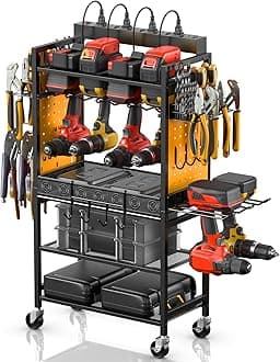 CCCEI Power Tool Organizer Cart with Charging Station, Garage Floor Rolling Storage Large Cart on Wheels for Mechanic, Mobile 6 Drill, Tool Box Utility Cart with Battery Charging Power Strip, Yellow.