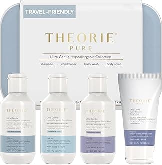 THEORIE PURE Travel Size Toiletries Set - Hypoallergenic Shampoo, Conditioner, Body Wash & Body Scrub - Fragrance-Free, No Sulfates or Parabens - Clean Beauty Essentials for Hair & Skin