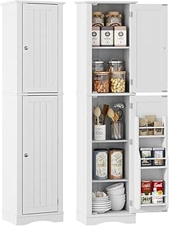 Function Home Tall Bathroom Storage Cabinet, 64" Slim Kitchen Pantry with Door Storage, Narrow Wood Freestanding Cabinets with Adjustable Shelves for Kitchen Living Room Dining Room, White